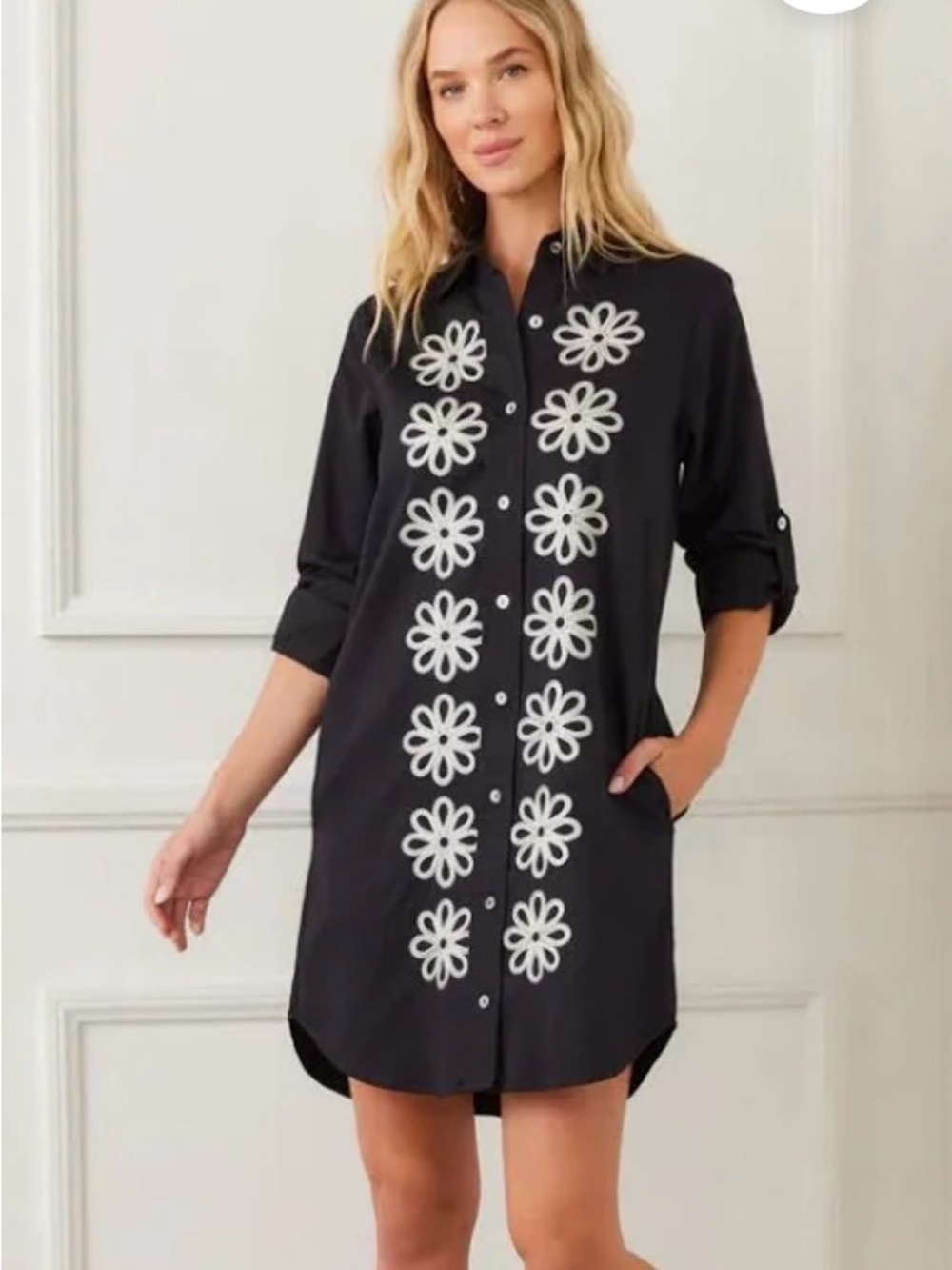 Karen Kane Black Button-Front Shirt Dress with White Daisy Appliqués